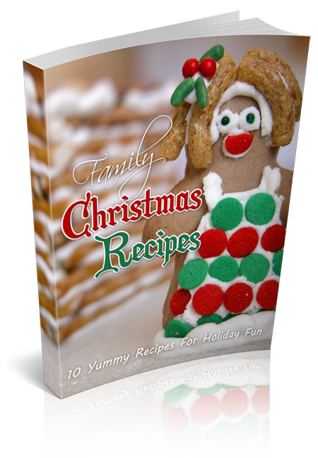 Book titled 'Family Christmas Recipes' with a gingerbread girl on the cover