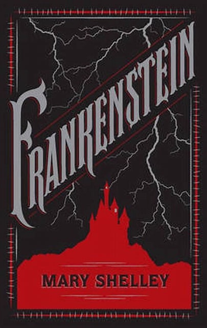 Book cover of 'Frankenstein' by Mary Shelley with a dark background and red accents.