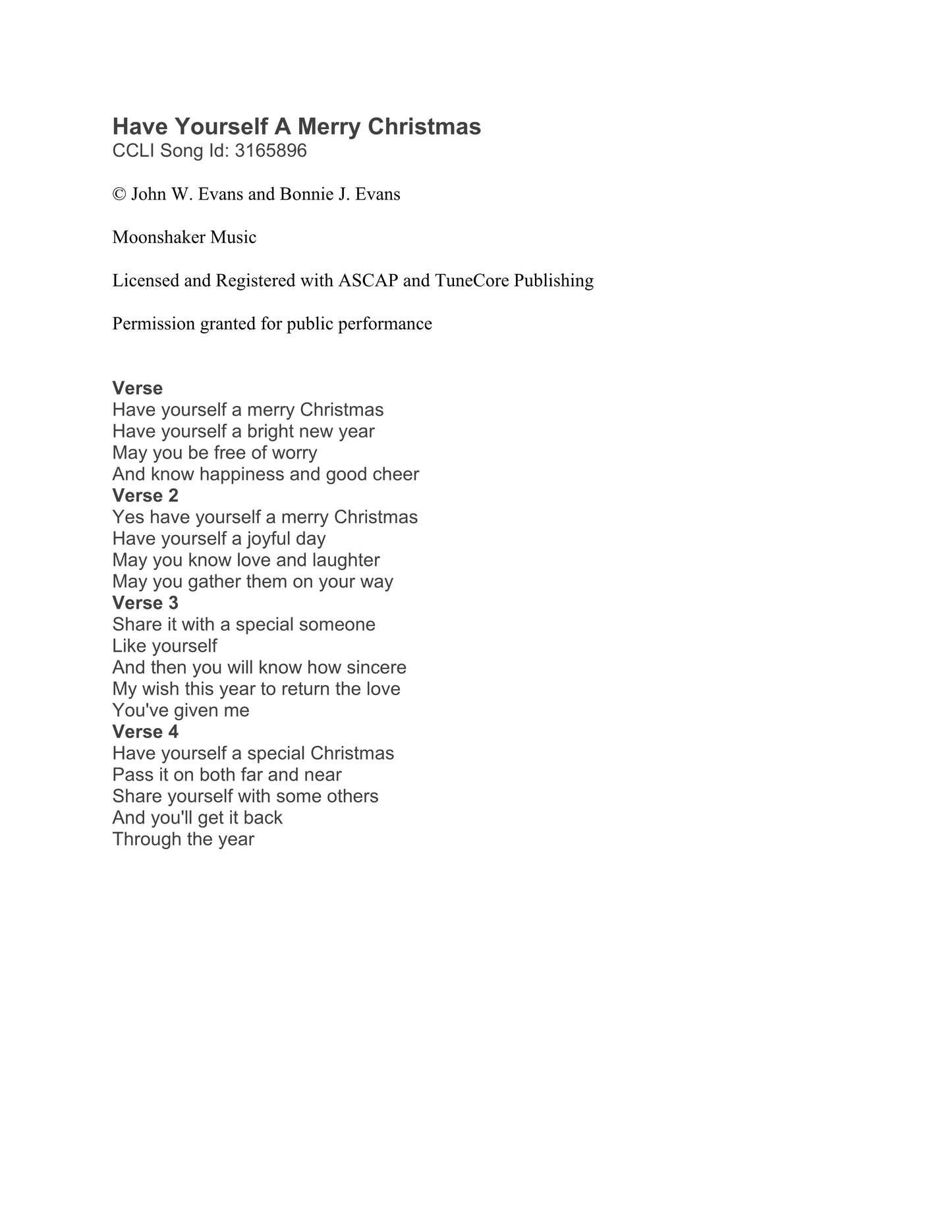 Sheet music for 'Have Yourself a Merry Christmas' with lyrics and copyright information.