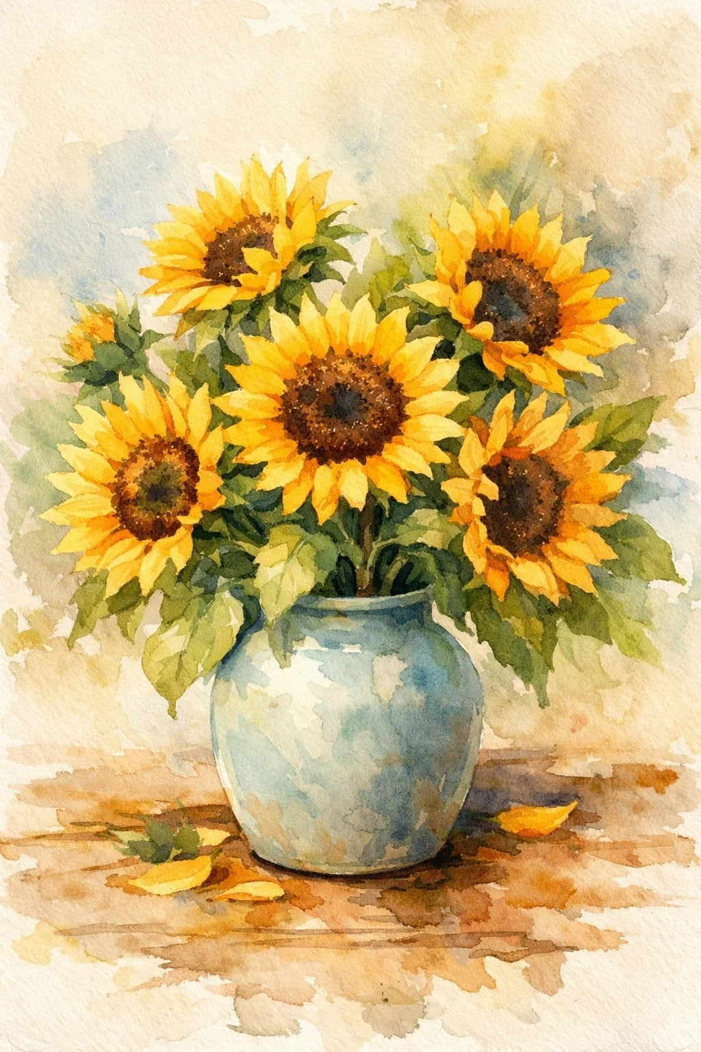 Sunflowers In Blue Vase Watercolor Wall Art Print 16x24