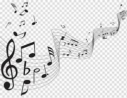 Floating black musical notes and staffs on a light checkered graphic background
