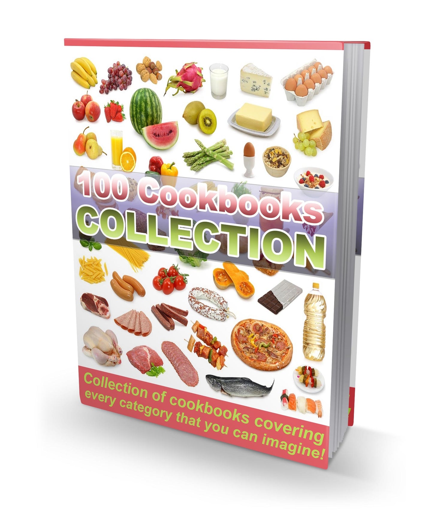 Book titled '100 Cookbooks Collection' with food illustrations on a white background