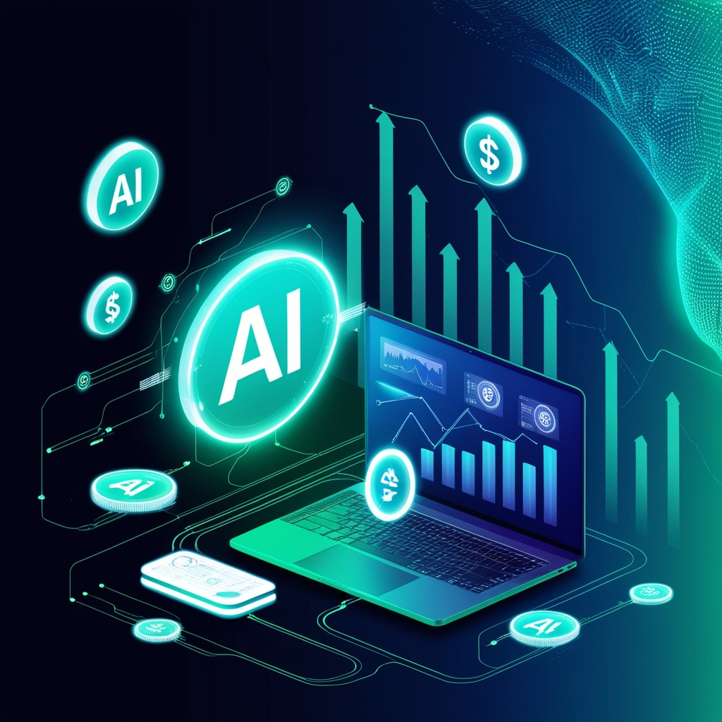 Neon finance illustration with AI icon, laptop and rising bar charts on blue background