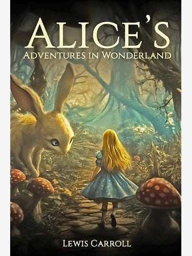 Book cover for 'Alice's Adventures in Wonderland' by Lewis Carroll, featuring a whimsical illustration of Alice in her blue dress facing a large white rabbit in a glowing forest with mushrooms.