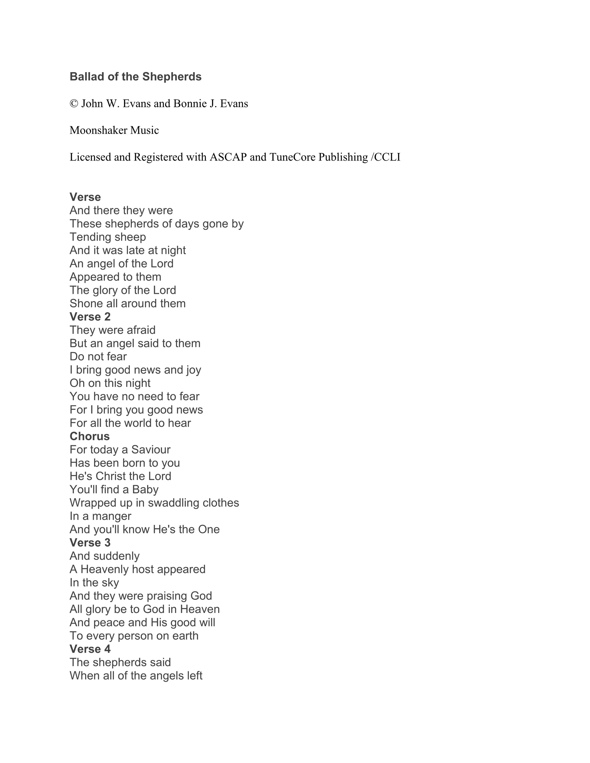 Sheet music for 'Ballad of the Shepherds' by John W. Evans and Bonnie J. Evans on a white background.
