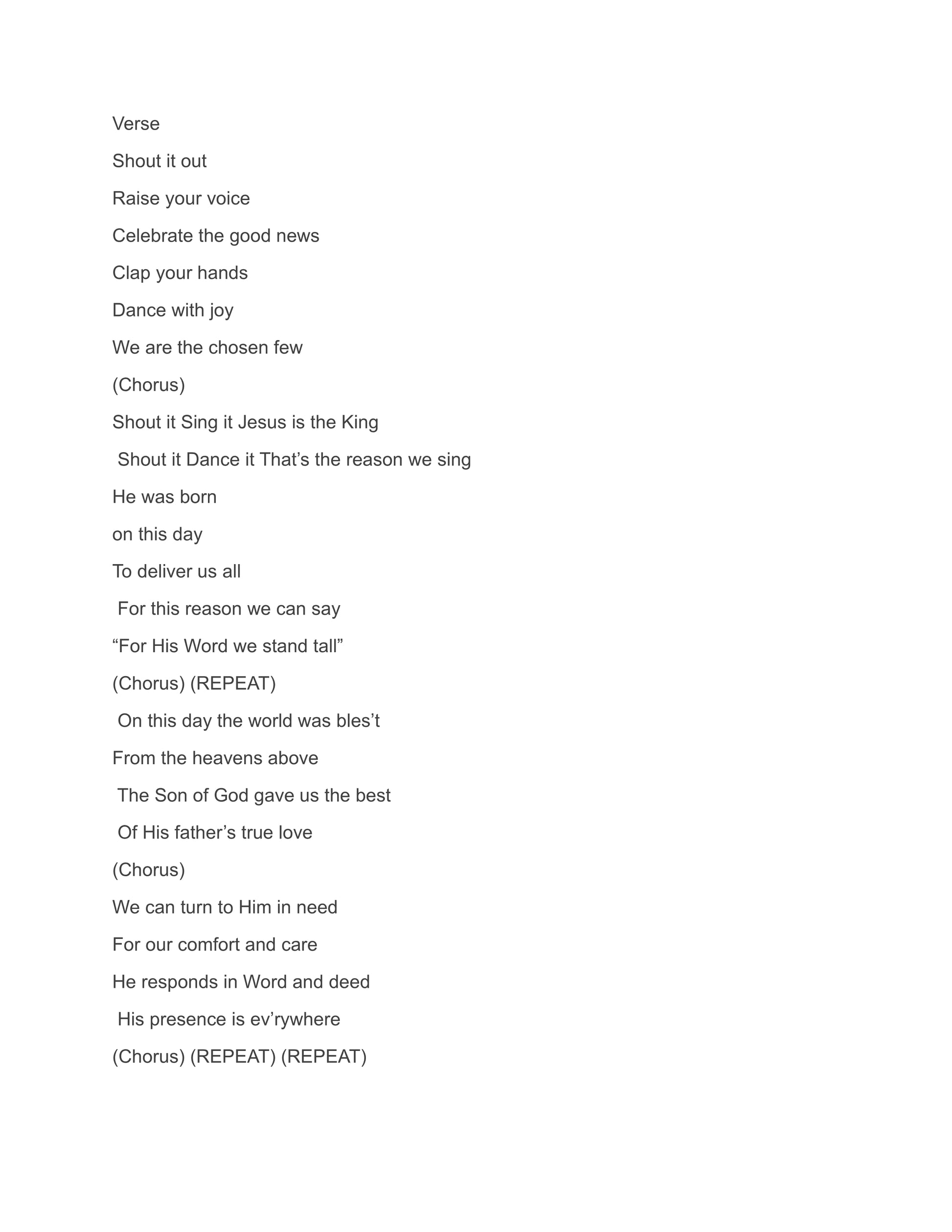 Printed lyrics sheet with verse and chorus headings on a white page