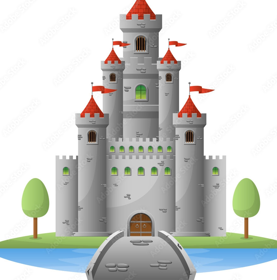 Foundlings gray castle with red rooftops, flags, and arched doorways