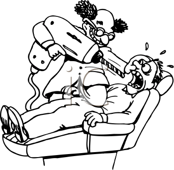 Black-and-white line drawing of a dentist treating a seated patient in a chair