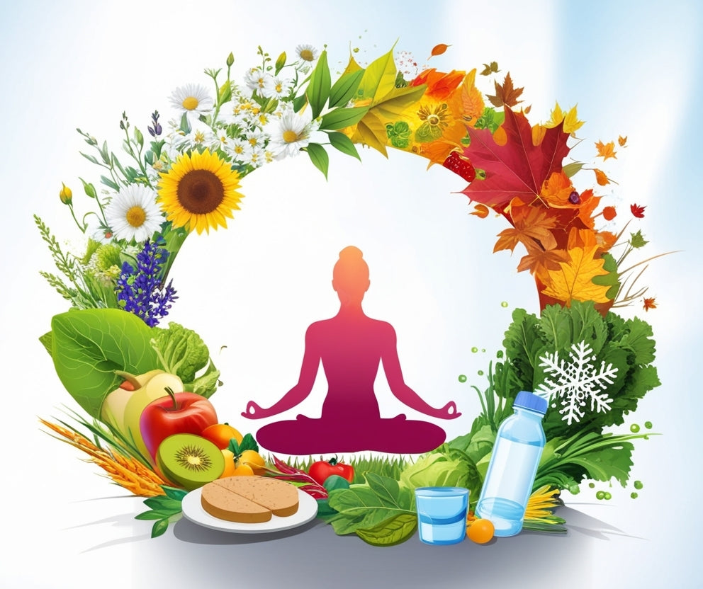 A stylized illustration of a person in a meditative seated pose surrounded by a circular arrangement of seasonal produce, flowers, leaves, and drinks on a light blue gradient background.