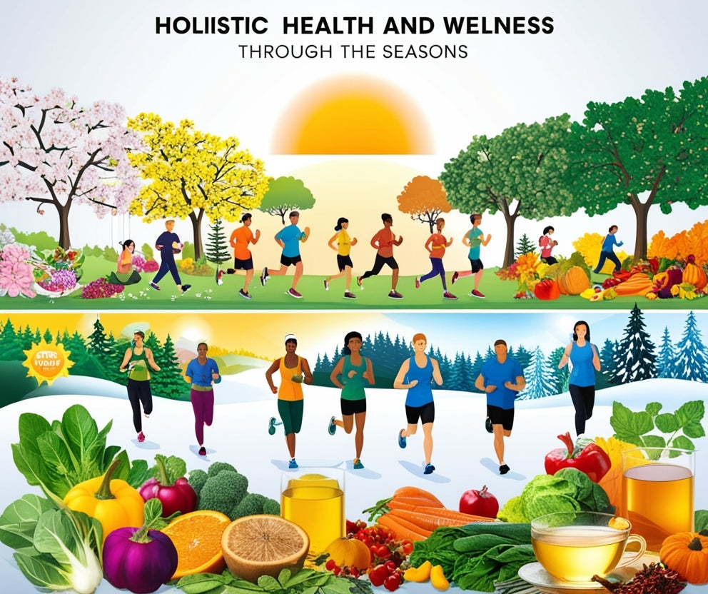 Illustrated poster-style graphic with the text 'HOLISTIC HEALTH AND WELLNESS THROUGH THE SEASONS' above three horizontal seasonal scenes. The top panel shows people exercising outdoors in spring with flowering trees and a sun.