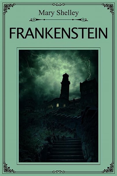 Book cover for Mary Shelley's Frankenstein, featuring a pale mint-green border with ornate corner details and a central dark illustration of a stormy sea monster ship with lightning and stairs.