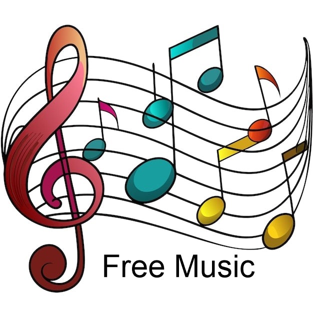 Colorful music notes and clef with 'Free Music' text on a white background