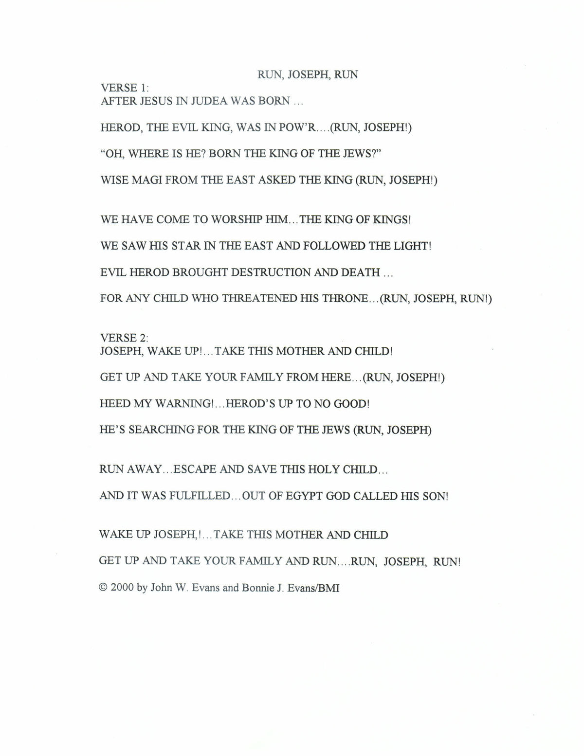 A page of printed lyrics titled 'RUN, JOSEPH, RUN' with verse and chorus text in black on a white background, plus a copyright line at the bottom reading '© 2009 by John W. Evans and Bonnie J.