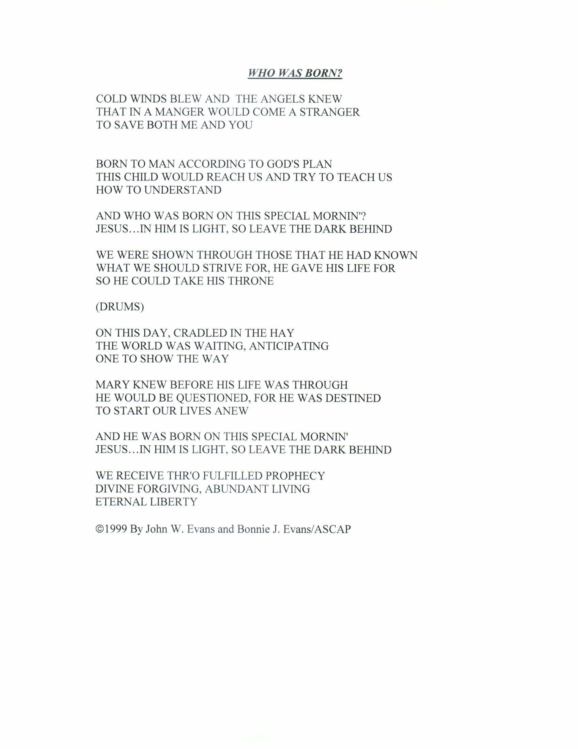 A page of printed text titled 'WHO WAS BORN' with verses or lyrics about being born into the world, set on a white background with black text.
