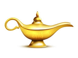 A golden genie lamp with a curved handle and spout, shown on a plain white background.