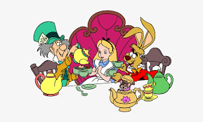 A cartoon illustration of Alice in Wonderland characters gathered around a teapot on a plain white background, including the Mad Hatter, Queen Alice, the White Rabbit, and other tea-time figures.