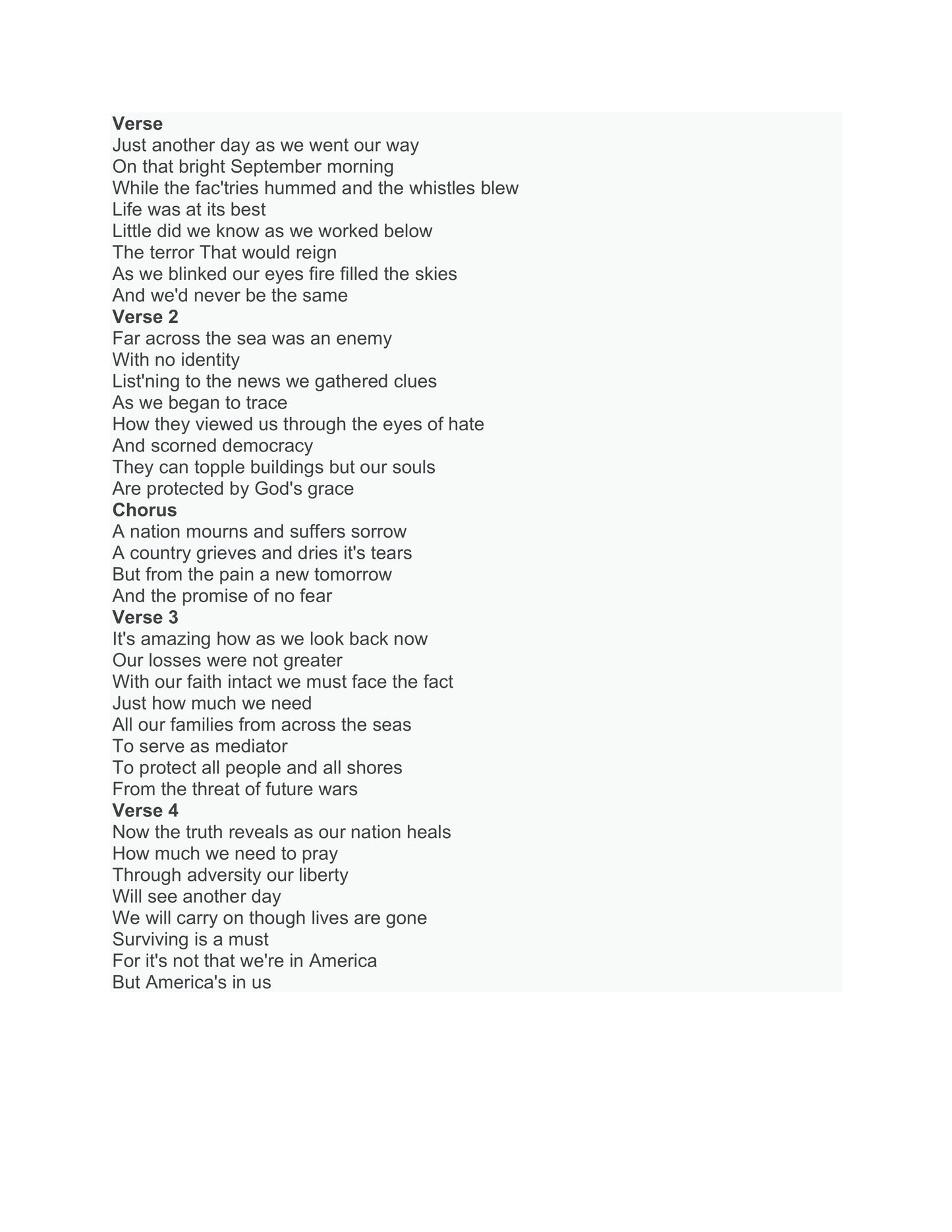 A black-and-white text page showing four verses of a poem or song titled "America Weeps" with clean, centered typography on a plain white background.