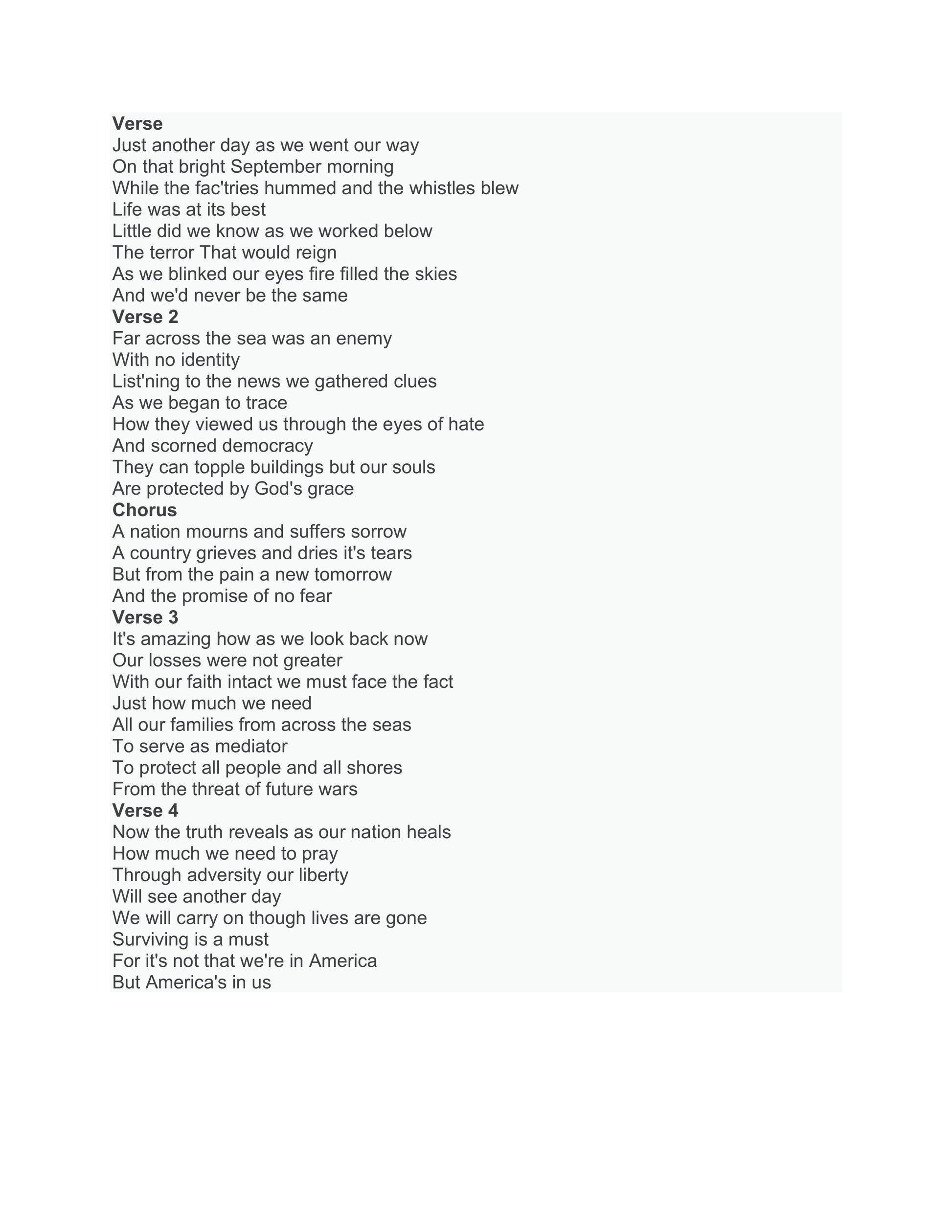 A black-and-white text page showing four verses of a poem or song titled "America Weeps" with clean, centered typography on a plain white background.