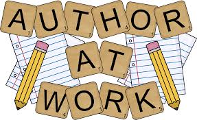 Writing workbook cover with cutout letters 'AUTHOR' and 'WORK' over lined paper