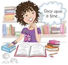 Illustrated page of a curly-haired child writing in an open book surrounded by books