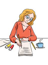 Illustrated book page of a woman writing at a desk with cup and craft tools