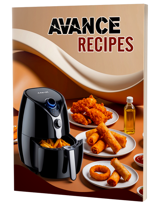 A cookbook or recipe book cover titled 'AVANCE RECIPES' shown standing upright against a warm brown and beige background. The cover features a black air fryer with french fries, plates of fried foods, a bottle of oil, and small bowls of sauce, suggesting a food or air fryer recipe collection.