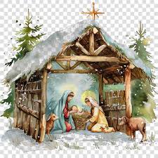 Nativity scene artwork with shepherds, baby Jesus, and wooden stable under a star