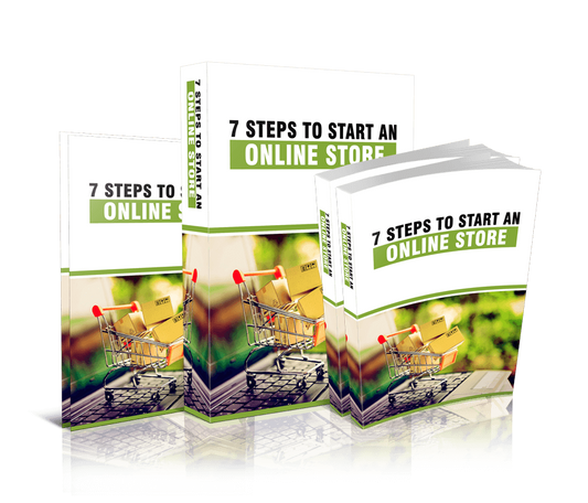Online store startup guide book set, green title panel with shopping cart graphic