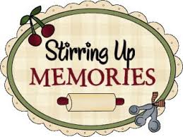 Decorative label with 'Stirring Up Memories' text and kitchen-themed graphics on a wooden background.