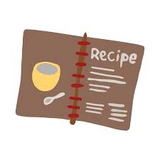 Illustration of a recipe book with a yellow mug and spoon on a white background