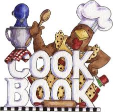 Colorful illustration of a cookbook with various kitchen items and a chef hat.
