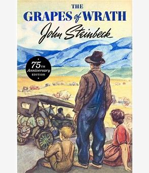 The Grapes of Wrath paperback book cover by John Steinbeck, featuring a vintage-style illustration of a man in blue overalls standing in a desert landscape with a car and other figures.