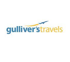 The logo for 'gulliver's travels' is shown on a plain white background, featuring the text in blue and yellow with a small blue airplane graphic above.