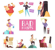 Illustrations of people with bad habits and a central 'Bad Habits' sign.