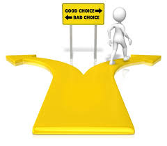 Decision-making concept with a person standing on a yellow crossroad with signs labeled 'Good Choice' and 'Bad Choice'.