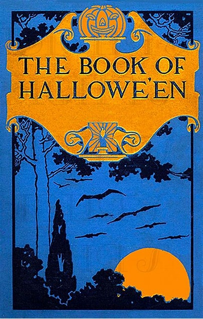 Vintage-style book cover for 'The Book of Hallowe'en' with a large orange title panel at the top and a blue illustrated scene below showing trees, bats, and a large orange sun.