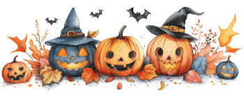 A Halloween-themed illustration featuring three carved pumpkins in different expressions, decorated with black witch hats, surrounded by orange and yellow autumn leaves on a white background.
