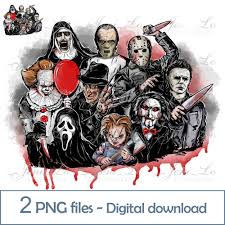A digital graphic preview showing a group of horror movie and slasher character illustrations, with a red blood-like splash behind them and text at the bottom reading '2 PNG files - Digital download'. This is not a physical product photo, not packaging, and not an auxiliary chart or instruction image, so subject_type is Other.