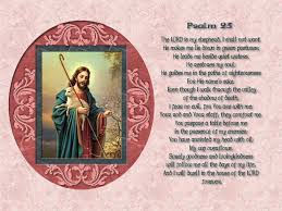 A religious print featuring Psalm 23 in black serif text on a pink background, alongside a decorative oval illustration of Jesus holding a golden scepter.