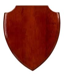 Wooden shield-shaped plaque on a white background
