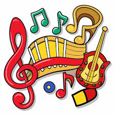Colorful musical notes and instruments on a white background