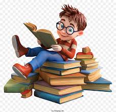 Illustration of a boy sitting on books reading a book, with a transparent background