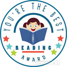 A circular award badge design with the text 'YOU'RE THE BEST READING AWARD' around a cartoon child reading a book, with blue, white, red, green, and yellow accents.