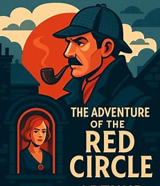 Detective story book cover with red circle title and profile detective illustration