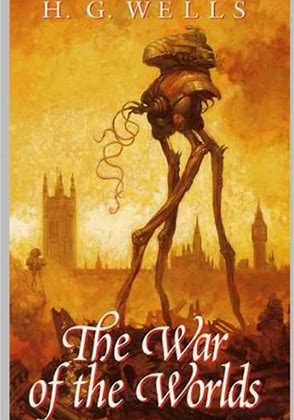 Book cover with sepia scene of robed woman and alien forms, title text, H. G. Wells