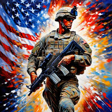 A stylized digital artwork of a soldier in camouflage holding a rifle, set against a dramatic patriotic background with an American flag and bright red, white, and blue burst effects.