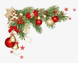 A festive Christmas corner design with green pine branches, red and gold ornaments, red bows, gold bells, and small red stars on a light gray background.